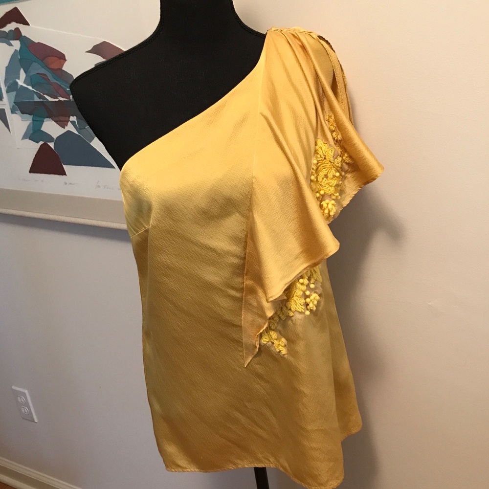 Nanette Lepore Silk Beaded & Exaggerated Front Ruffle One Shouldered Blouse Sz 4